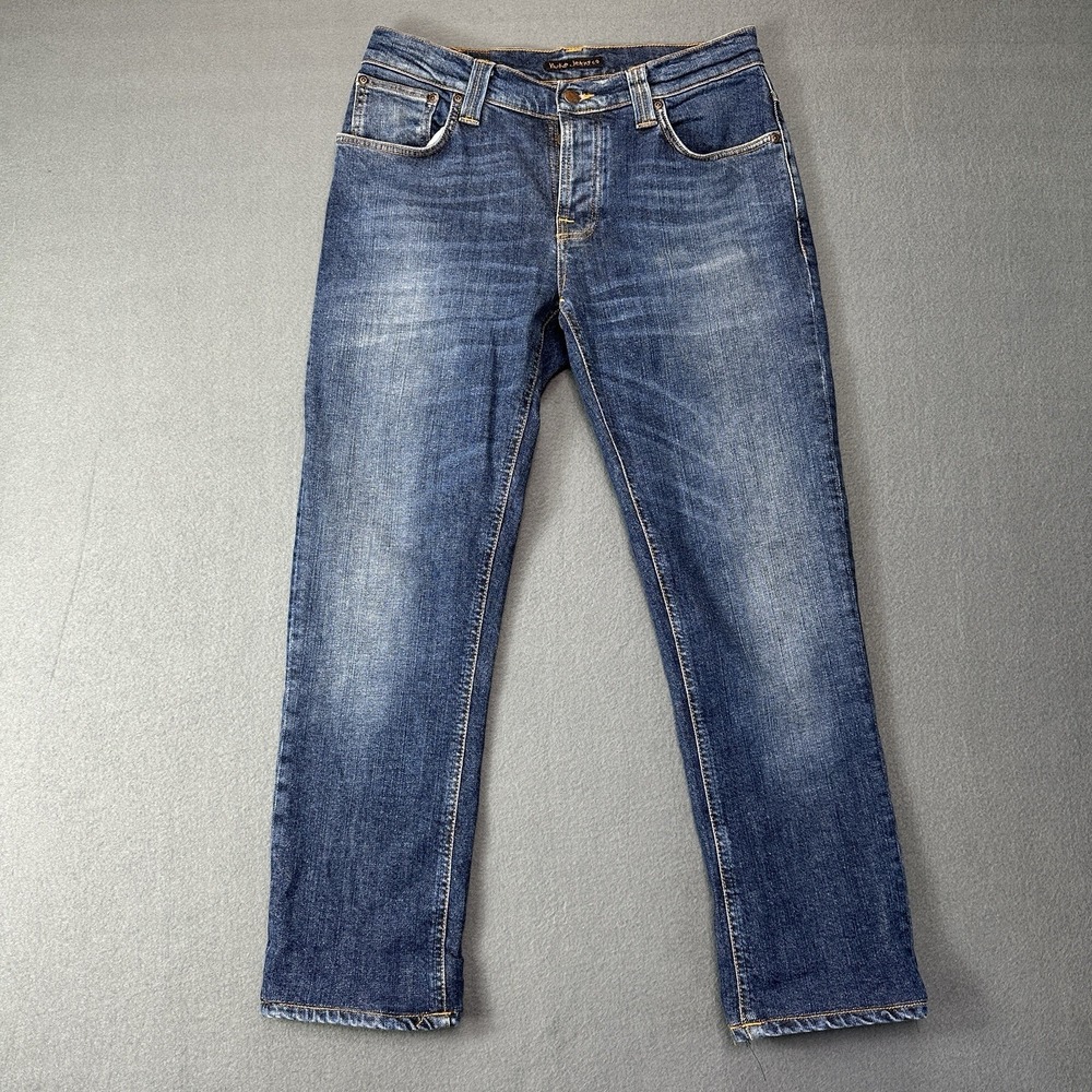 Nudie Jeans Men 32x34 (fit 31x27.5) Button Fly Straight Fit Organic Denim Hemmed